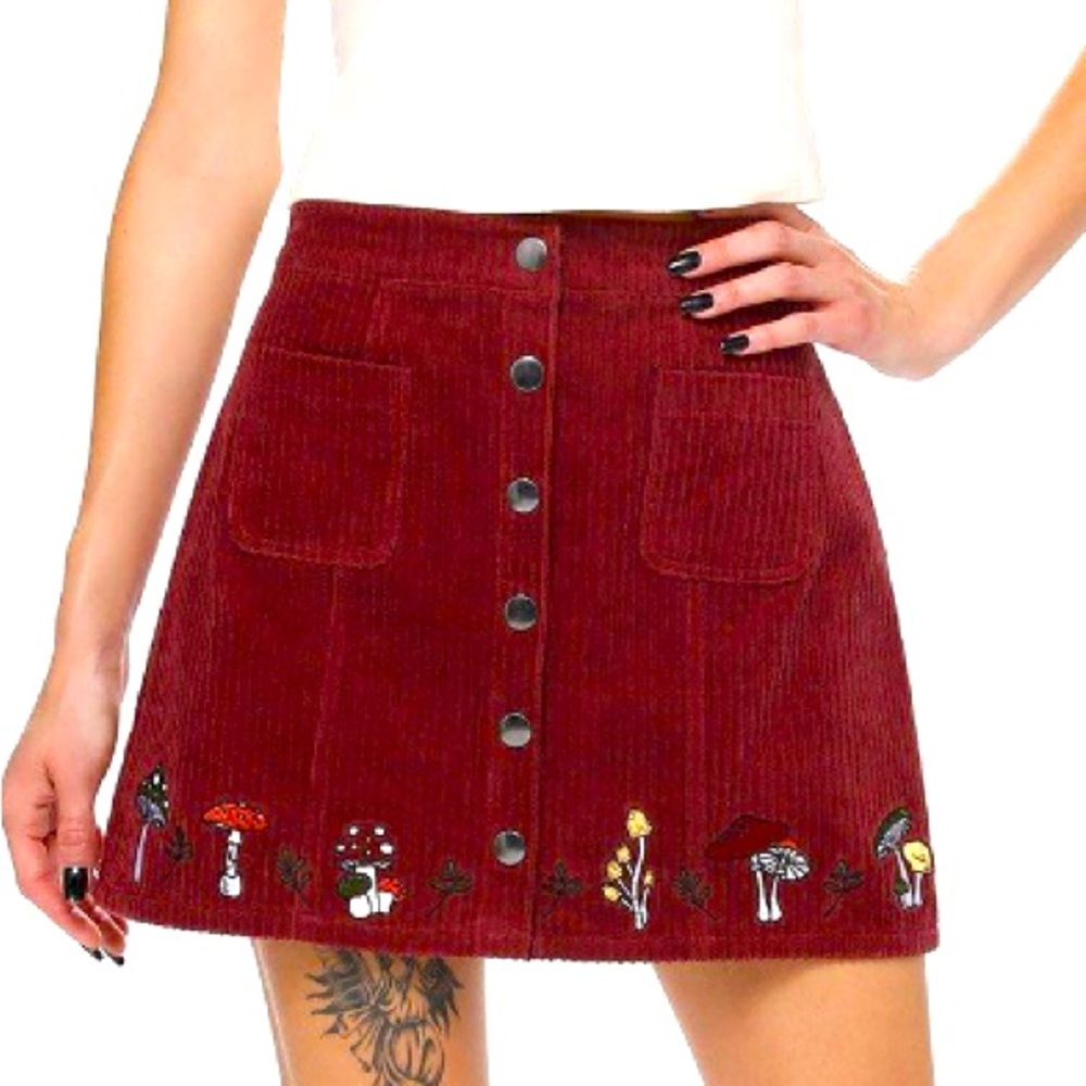 Thorn & Fable Burgundy Corduroy Mushroom Embroidered Button Up Mini Skirt XL
